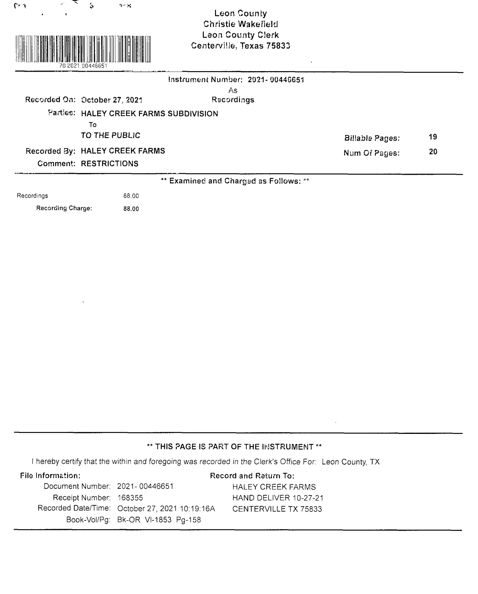 Lslp Centerville Land LLC - Recorded Restrictions (Vol. 1853, Page 158)